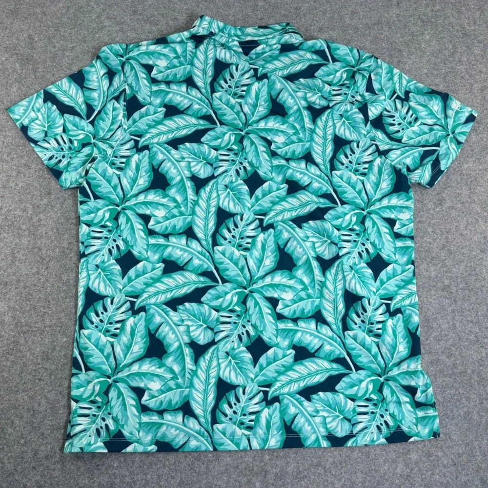 Kenny Flowers Mens XL Teal Tropical Monstera Leaf Print Golf Polo Shirt Stretch